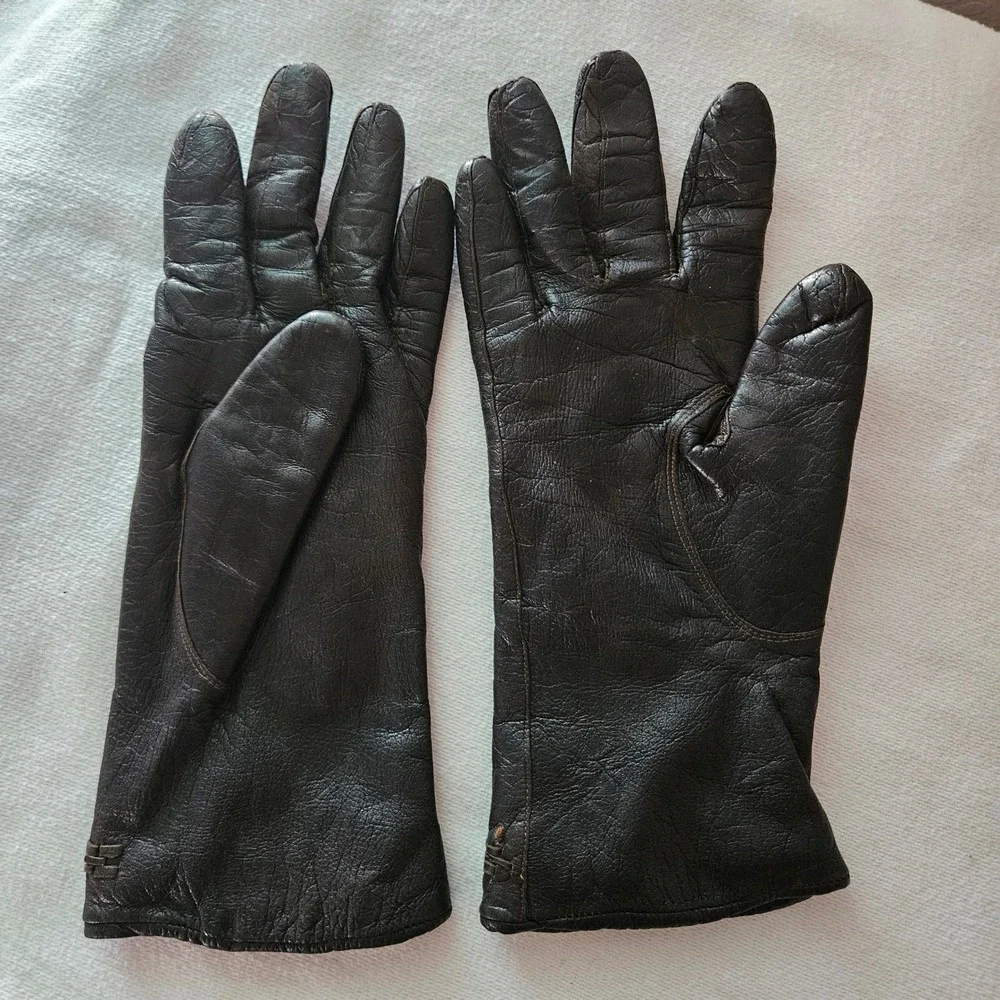Vintage Dark Brown Leather Rabbit Fur Lined Gloves Woven Trim Size 7 Womens